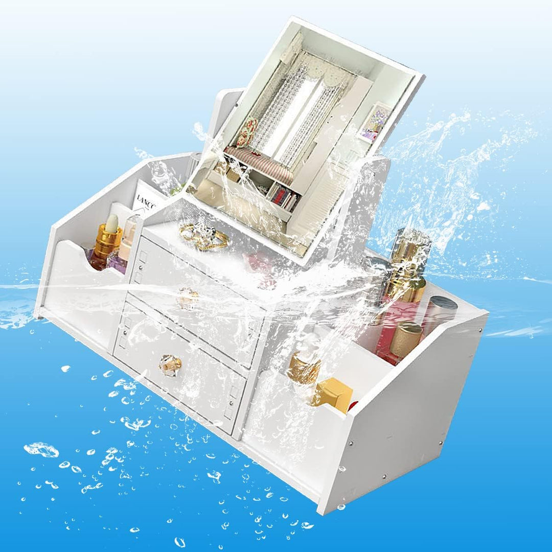 Make up Organizer mit Schublade, Schminktisch Organizer mit Spiegel, Weiss Cosmetic Organizer, Deskt