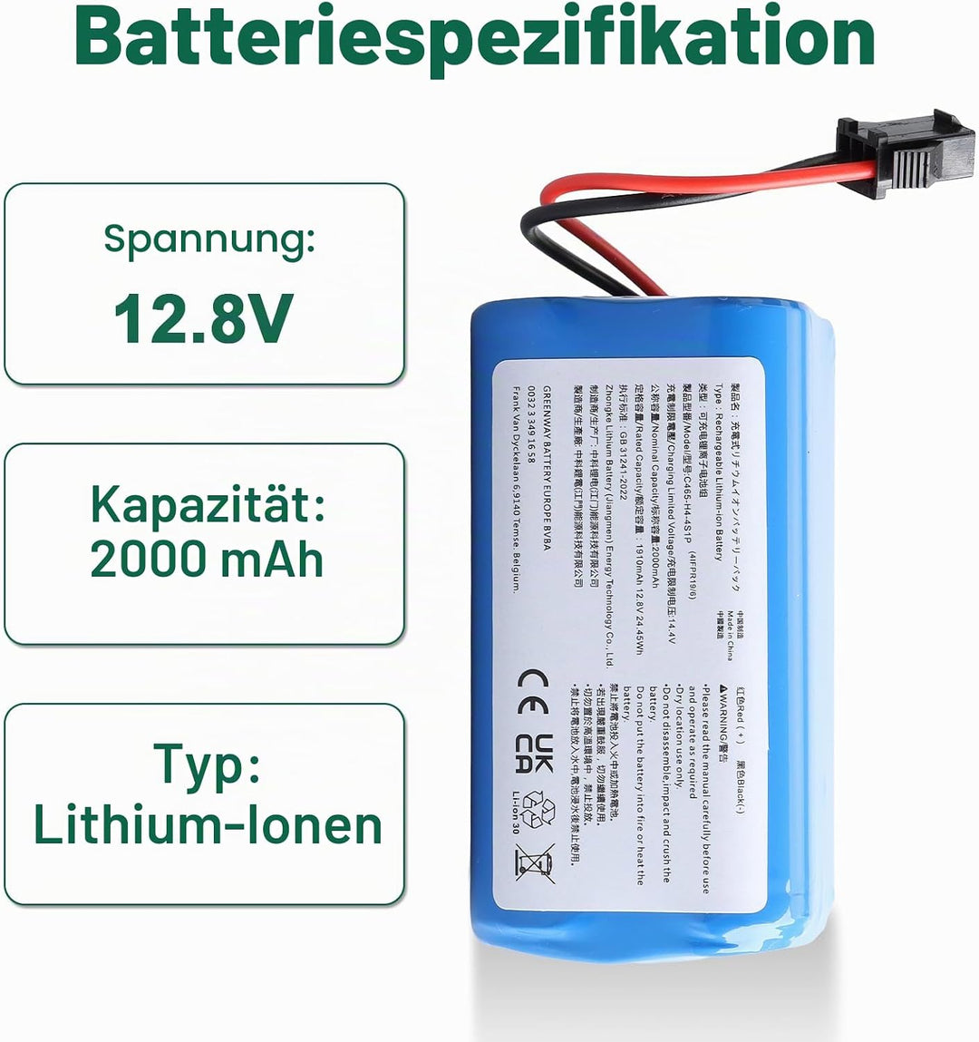 12.8V 2000mAh Ersatzakku Kompatibel mit Lefant M210 M210B M210P M213 M213S Robot Vacuum Cleaner, Li-