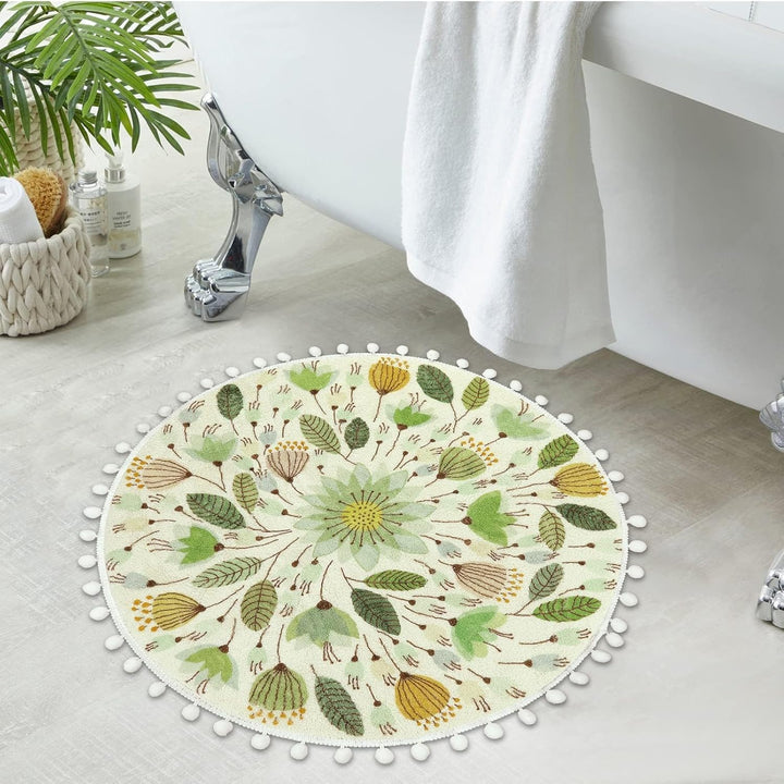 Uphome Kleiner runder Teppich, 60 cm Kreis, niedliche Badematte mit Pompons, Fransen, Blumenpflanze,