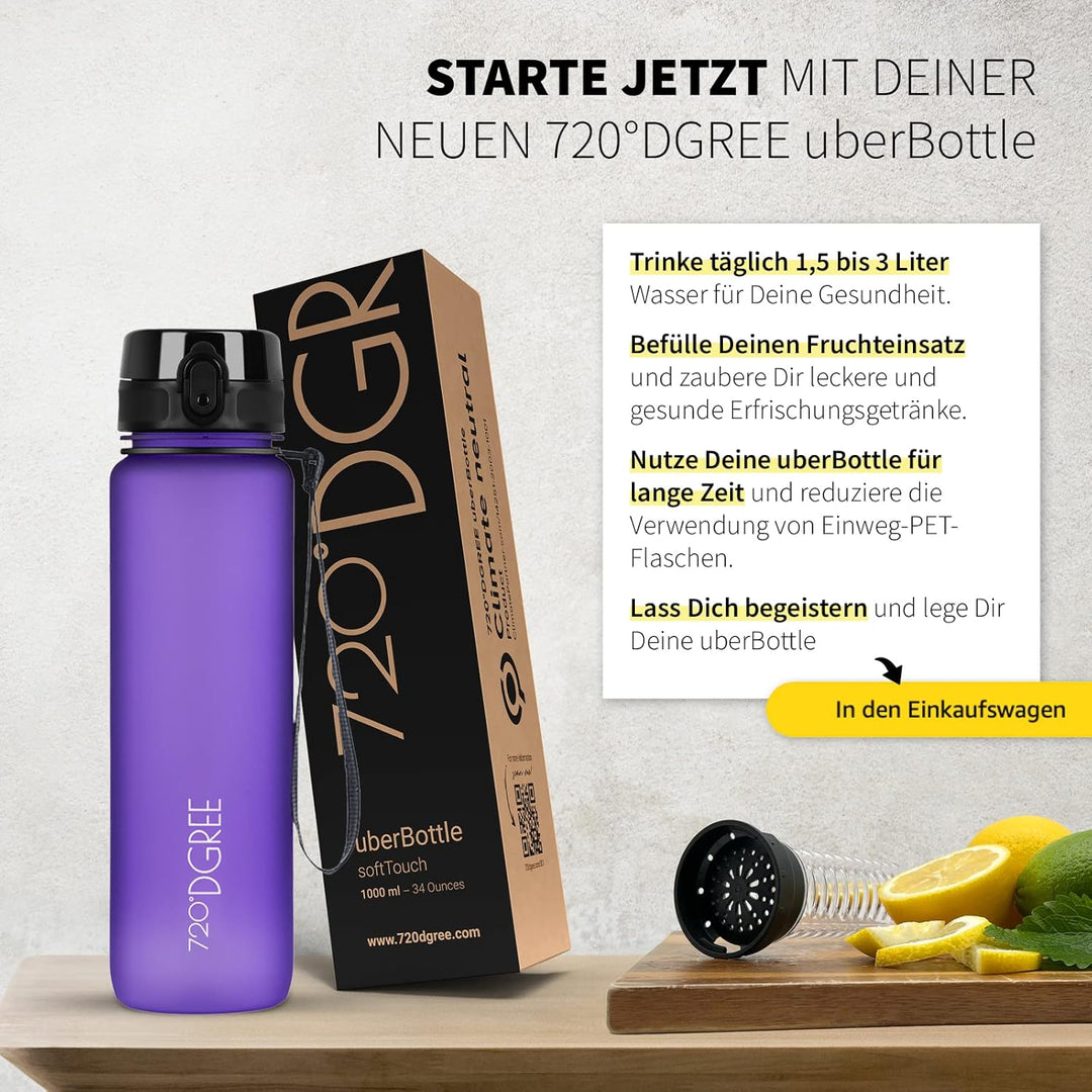 720°DGREE Trinkflasche “uberBottle“ 350ml, 500ml, 650ml, 1l softTouch +Früchtebehälter - Auslaufsich