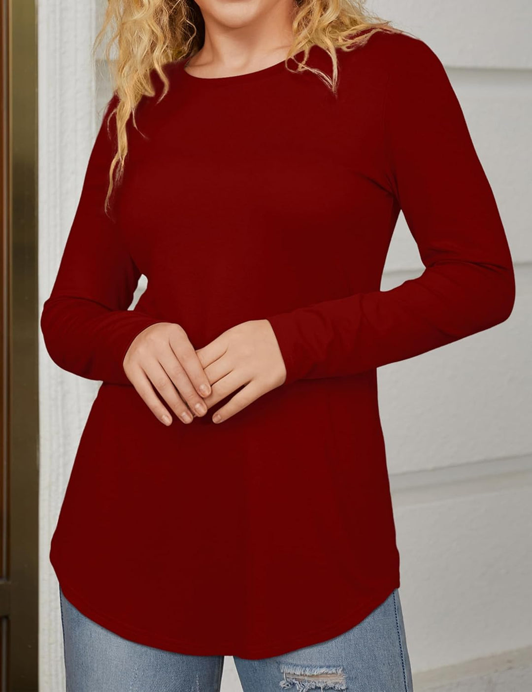 Beluring T-Shirt Damen Lässig Kurzarm/Langarm Oberteile Rundhals Longshirt L Weinrot, L Weinrot
