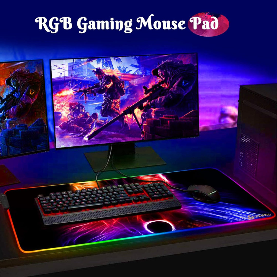 DORRISO RGB Gaming Mauspad 900x400x4 mm XXL Grosse Mousepad Fransenfreie Ränder Wasserdicht Tischunt
