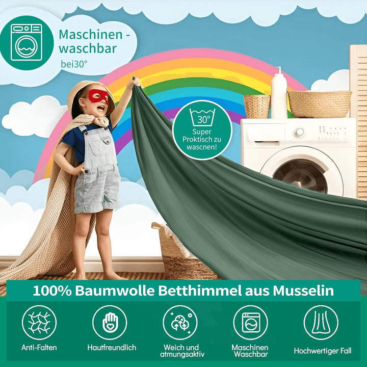 Hausbett Himmel Deko Set, Betthimmel Hausbett aus Musselin - 2 Betthimmel & 1 Wimpelkette, für Junge