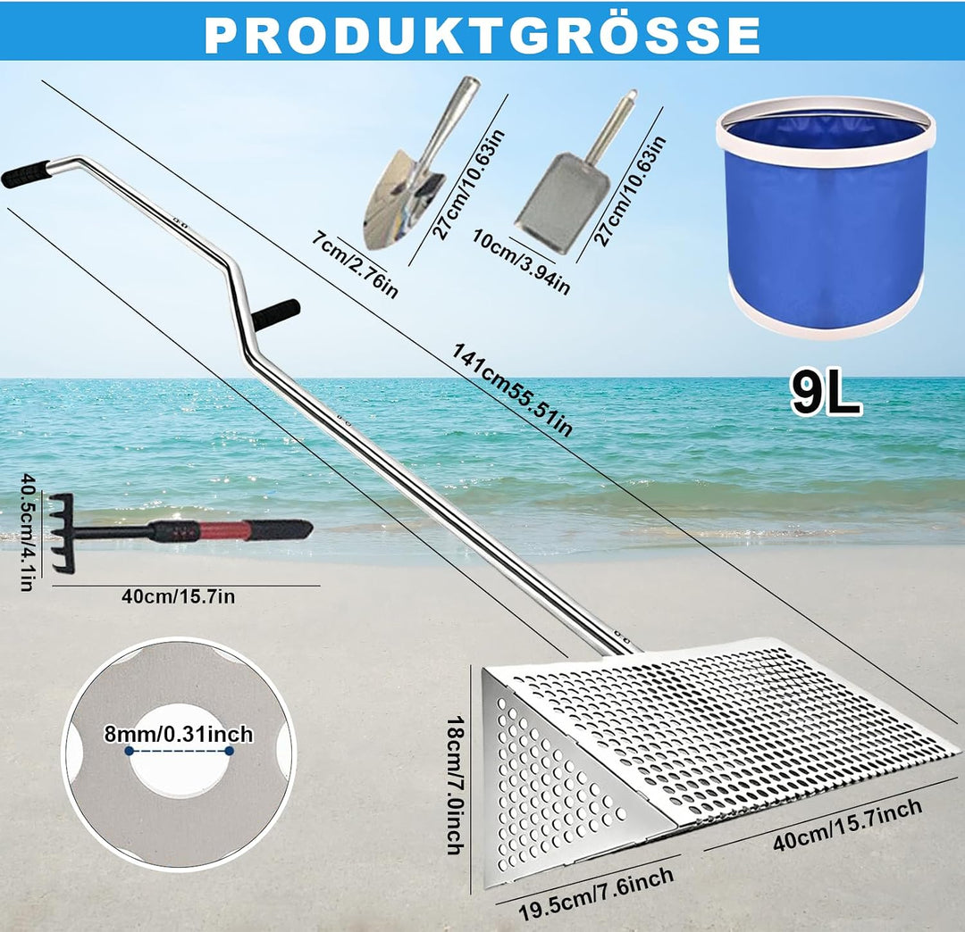 Sand Flohrechen Set, Edelstahl Strandsand Sieb, Abnehmbarer Langer Griff mit Eimer, Handschuhe, Scha