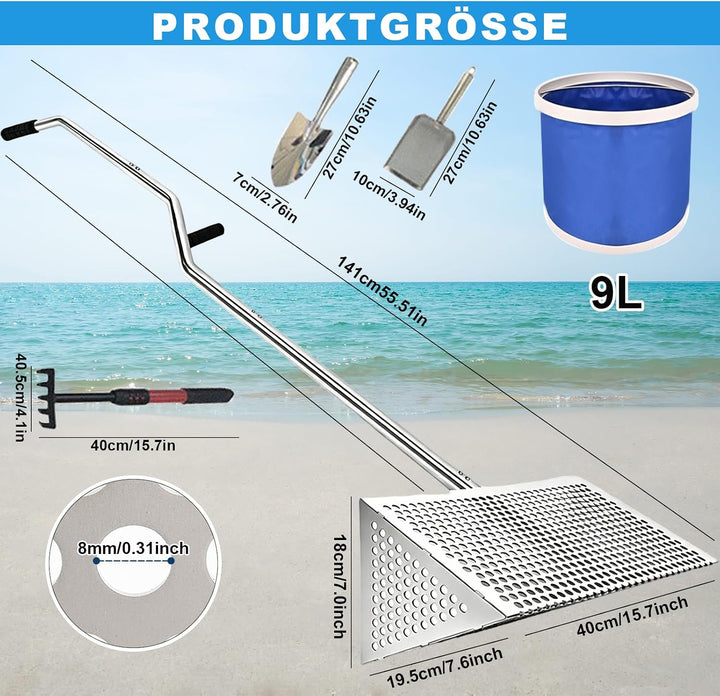 Sand Flohrechen Set, Edelstahl Strandsand Sieb, Abnehmbarer Langer Griff mit Eimer, Handschuhe, Scha