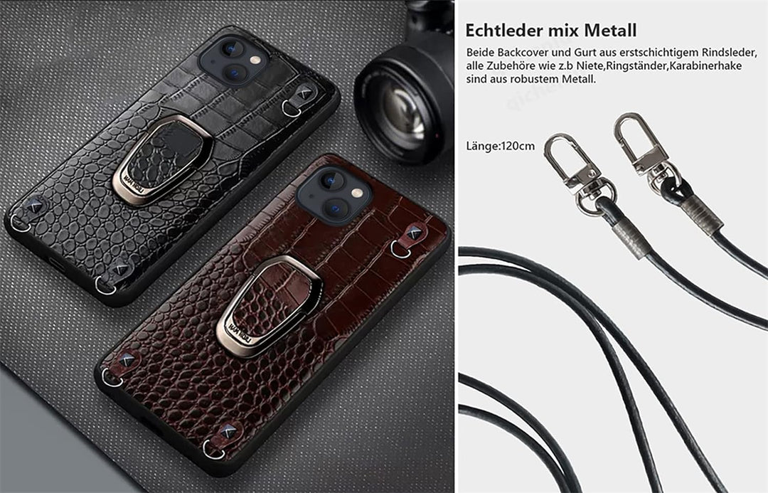 qichenlu Magnethalter Handyhülle mit Band für iPhone 14,Niete Echtleder Backcover Abnehmbare Handyke