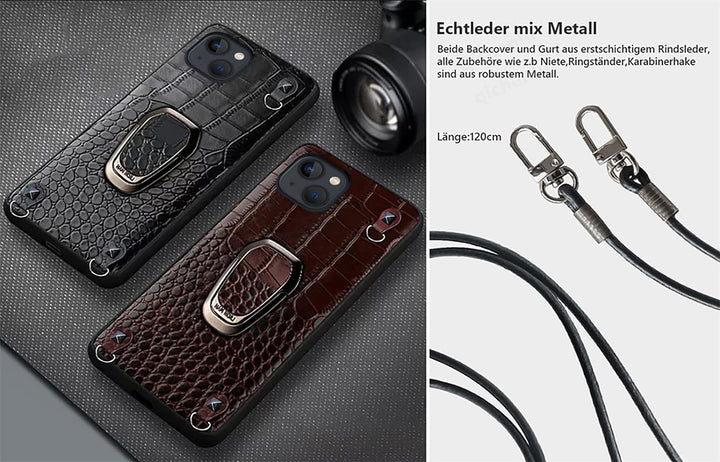 qichenlu Magnethalter Handyhülle mit Band für iPhone 14,Niete Echtleder Backcover Abnehmbare Handyke
