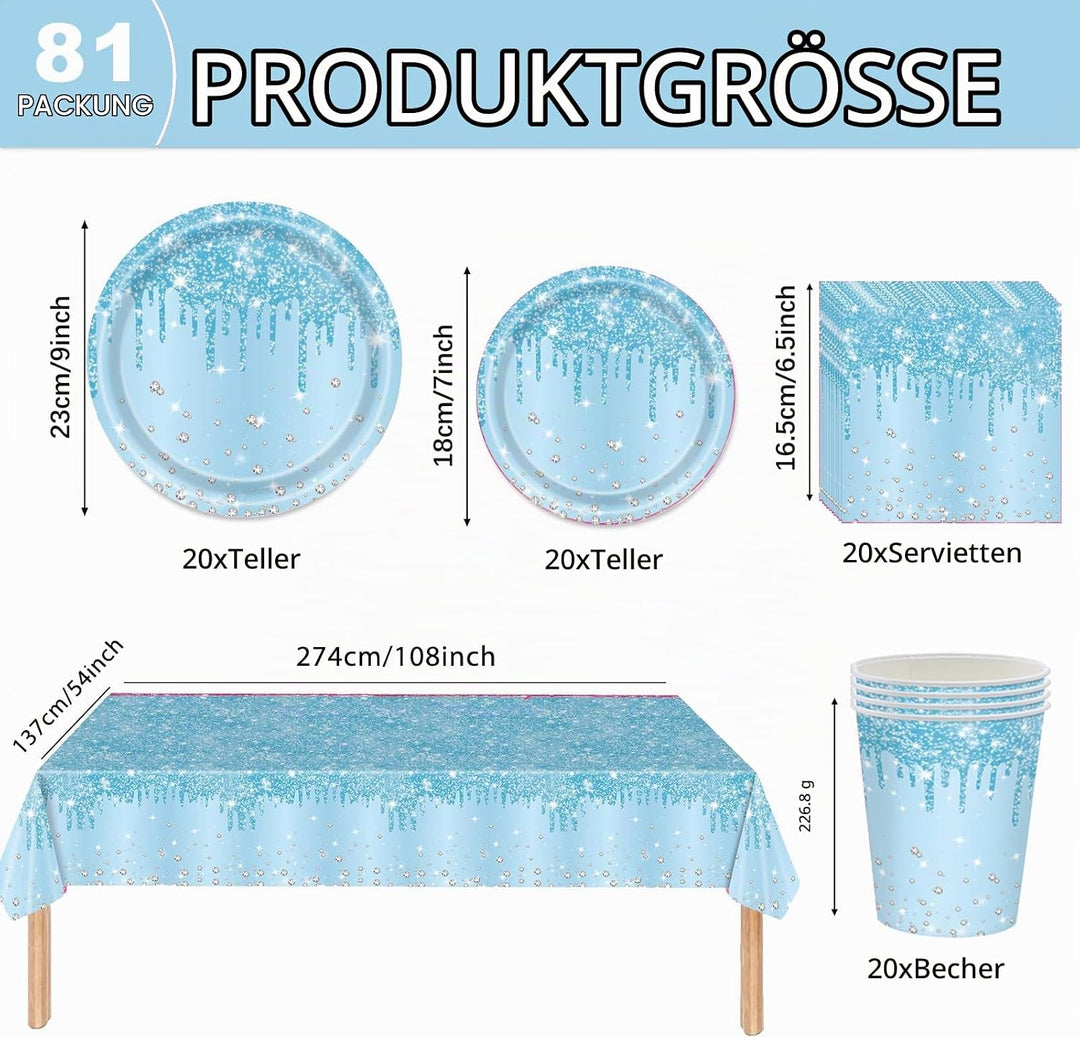Hellblau Partygeschirr,81 Stück Baby Blau Diamant Pappteller Set Pappteller, Pappbecher,Servietten u
