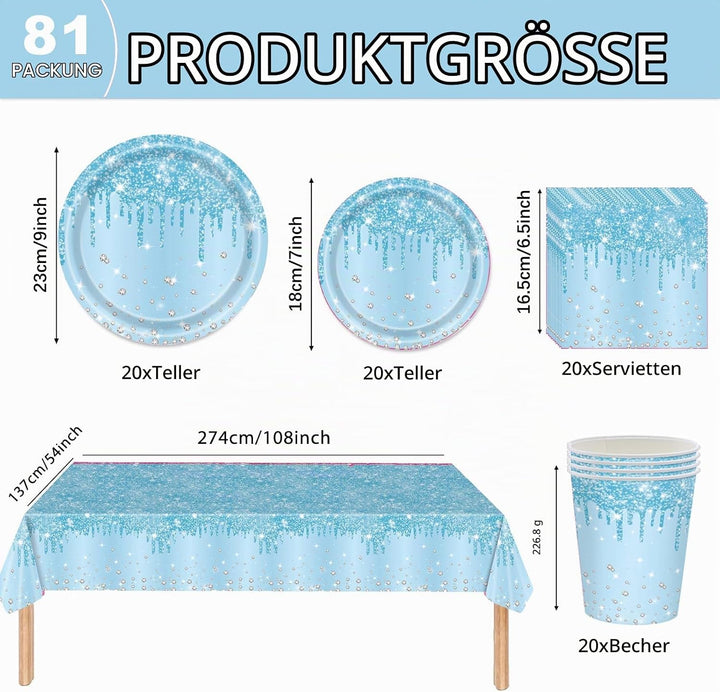 Hellblau Partygeschirr,81 Stück Baby Blau Diamant Pappteller Set Pappteller, Pappbecher,Servietten u