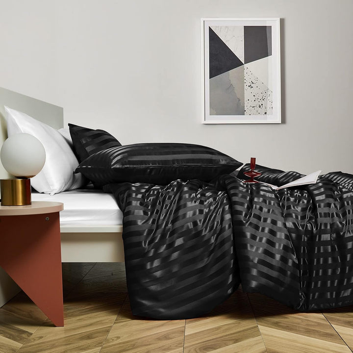 Damier Bettwäsche 155x220cm Schwarz Satin gestreift Bettwäsche Set Seidig glänzend hochwertiges Glan