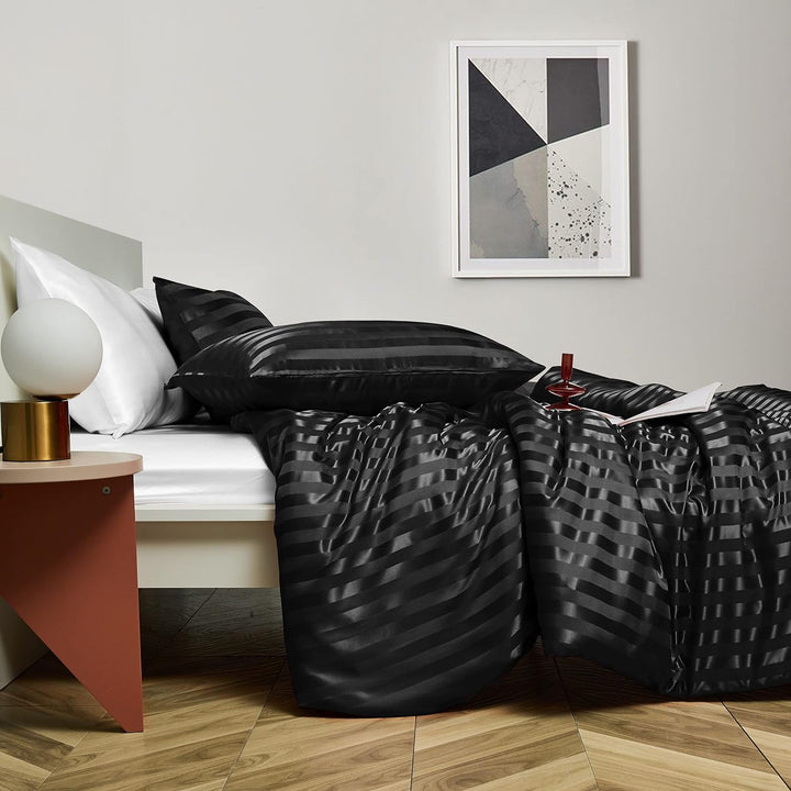 Damier Bettwäsche 155x220cm Schwarz Satin gestreift Bettwäsche Set Seidig glänzend hochwertiges Glan