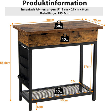 COSTWAY Beistelltisch mit Steckdosen und USB-Anschlüssen, schmaler Sofatisch mit klappbarer Tischpla