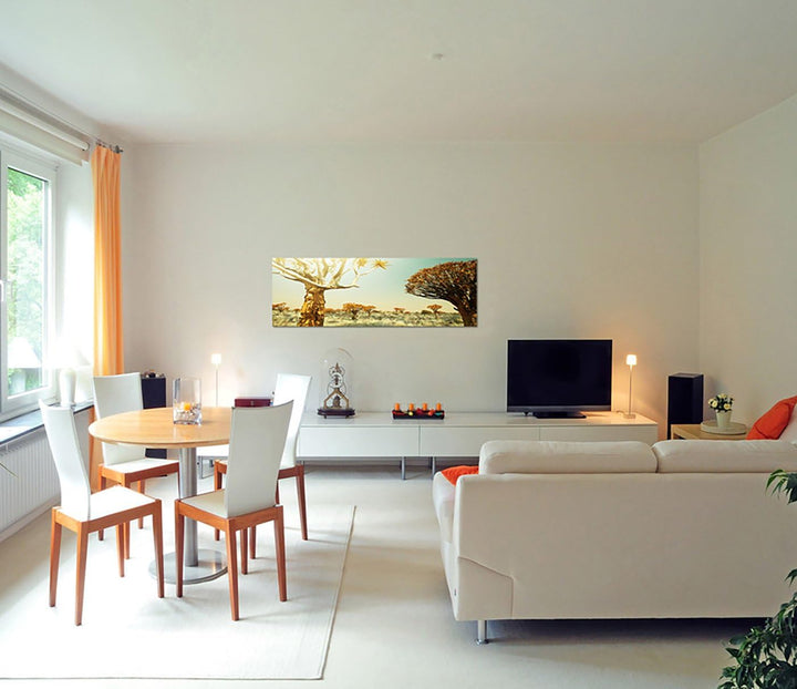 Paul Sinus Art Panoramabild auf Leinwand und Keilrahmen 150x50cm Afrika Wiese Bäume Sonnenstrahlen W