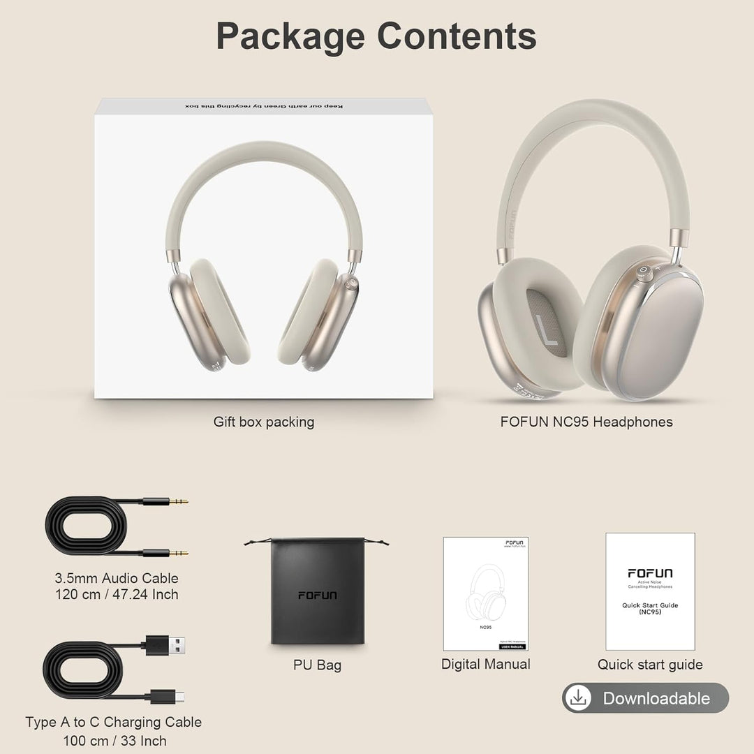 NC95 Hybrid Noise Cancelling Kopfhörer mit Drehknopf,Over-Ear Kopfhörer Kabellos Bluetooth,Transpare