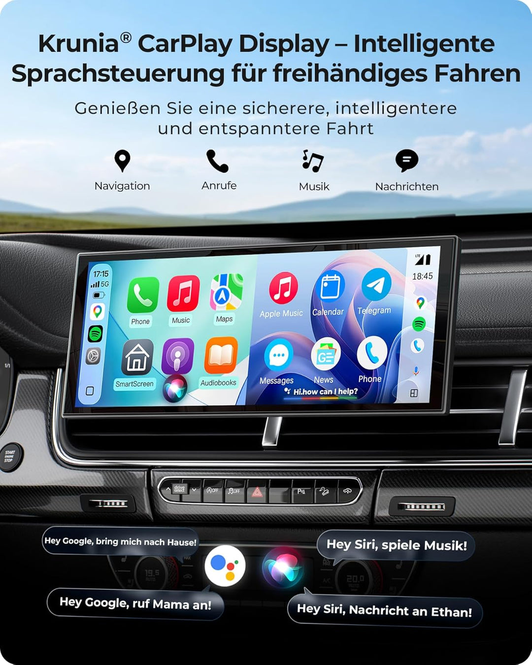 10,26" Drahtloses Tragbarer 60FPS Car Play Display mit 4K Dashcam Vorne HD Hinten für Apple Carplay