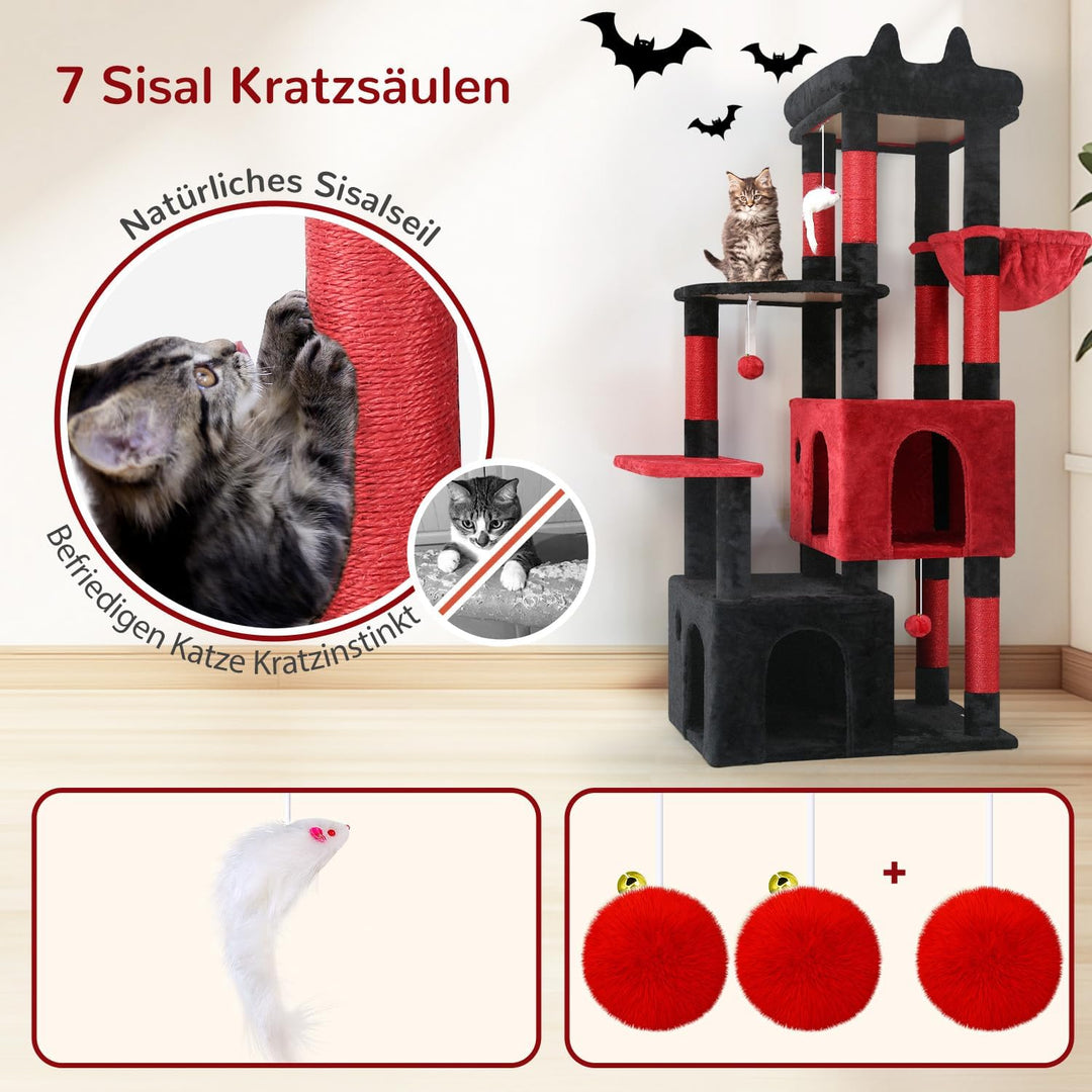 Globlazer Kratzbaum Schwarz Rot für 3-5 Grosse Katzen 156 cm mit 2 Extragross Katzenhaus 45 * 40 * 3