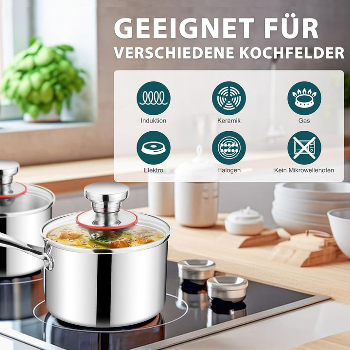 Joyfair Stielkasserolle, 16cm Premium 3-Lagen Edelstahl Milchtopf Induktion mit Deckel, 1,8 Liter Ko