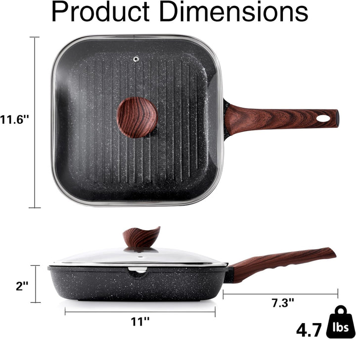 Kordisen Grillpfanne Induktion 28 cm mit Deckel – Grillpfanne mit Ausguss & Steakpfanne quadratisch,