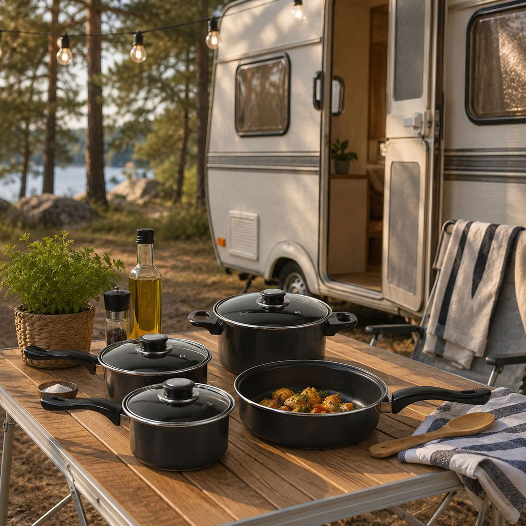Camping Kochtopfset 7-teilig Leichtes Aluminium Topfset für Gasherde, 2 x Stieltopf mit Deckel | 1 x