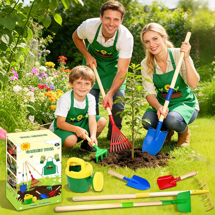 10 Stück Kinder Gartenwerkzeug Set, Metall Gartenwerkzeug Set mit Schaufel, Rechen, Gabel, Arbeitsha