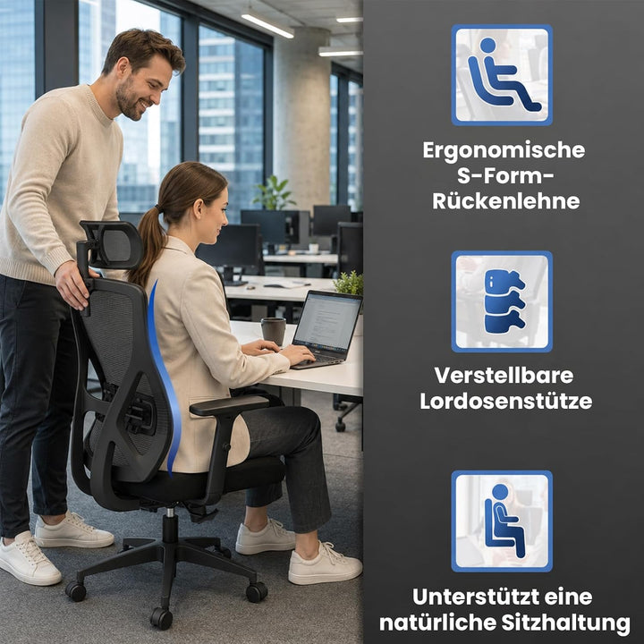 Bürostuhl Ergonomisch, Schreibtischstuhl mit Kopfstütze, Lordosenstütze und Höhenverstellbaren Armle