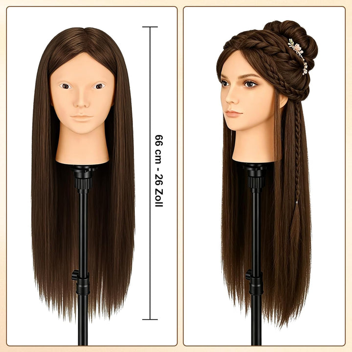 TwoWin Friseurkopf mit Haaren, 26 Zoll (66 cm) 80% Echthaar Mannequin Kopf, Make-up Übungskopf, Trai