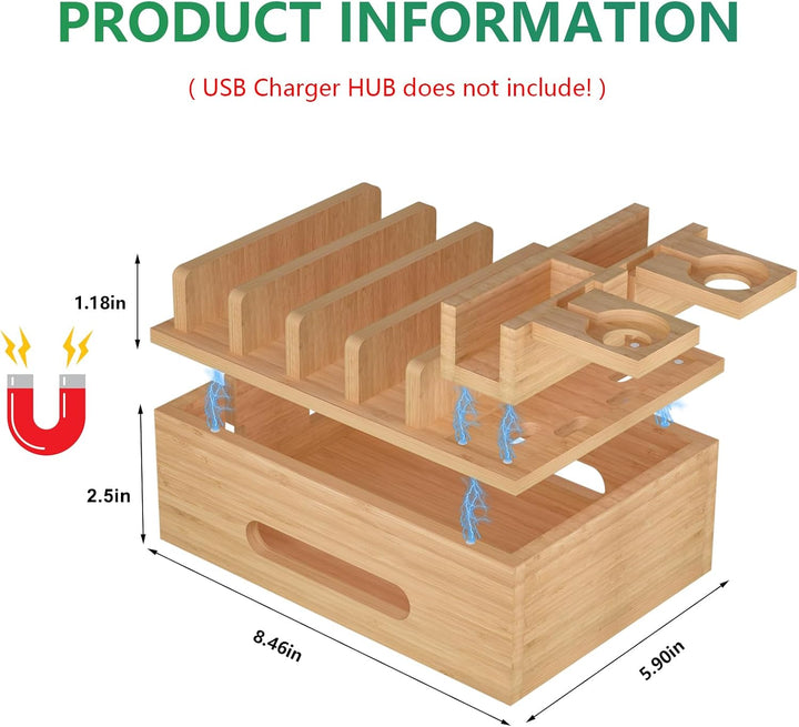 Bambus-Ladestationen für mehrere Geräte, Holz-Desktop-Dockingstation, Ladestation für Handys, Tablet