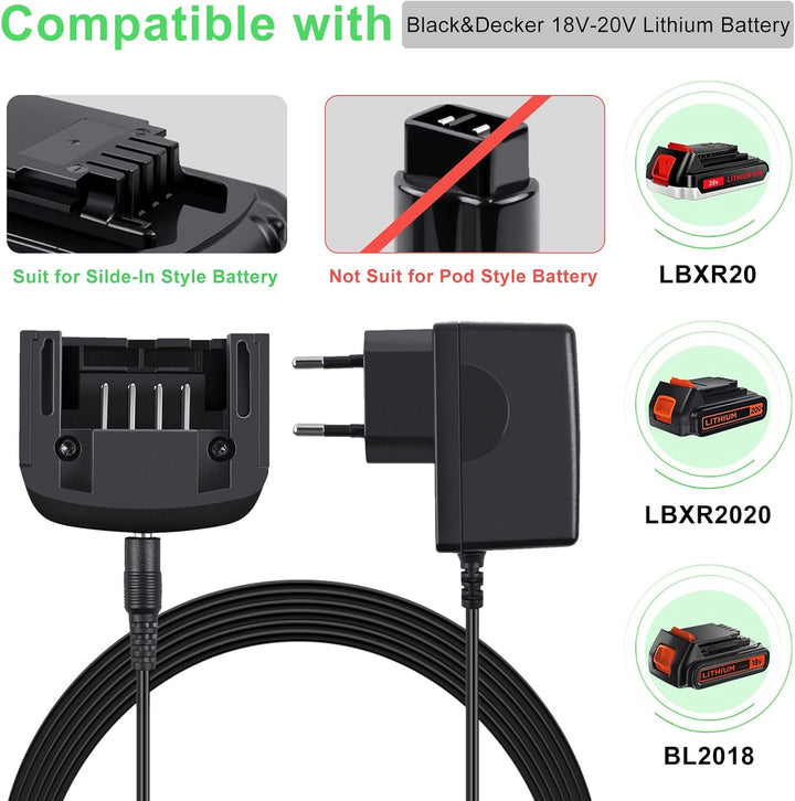 Ladegerät 18V/20V Lithium, Kompatibel mit Black&Decker Lithium-Akku 18V/20V BL2018 LBXR20 LBXR20-OPE