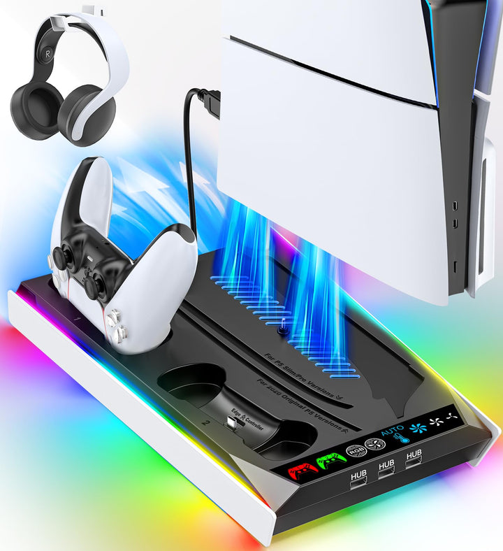 PS5 Ständer für PS5 Slim Disc/PS5 Disc & Digital, 3-stufige Kühlstation und RGB LED mit Controller L