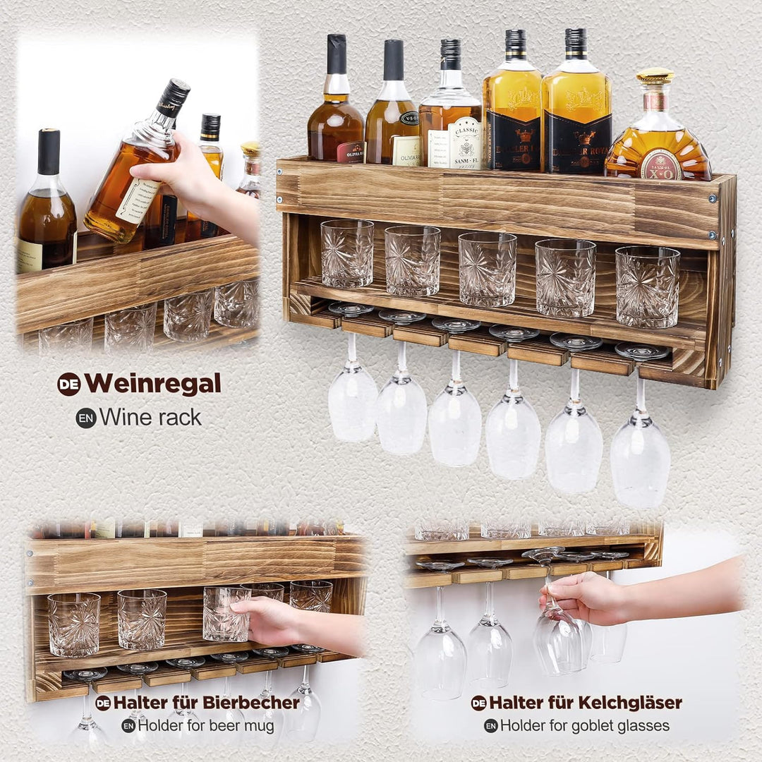 Yorbay Weinregal Palette Beflammt Holz, Wandbar mit Korkhalter, für Weingläser,Whiskygläser,Flaschen