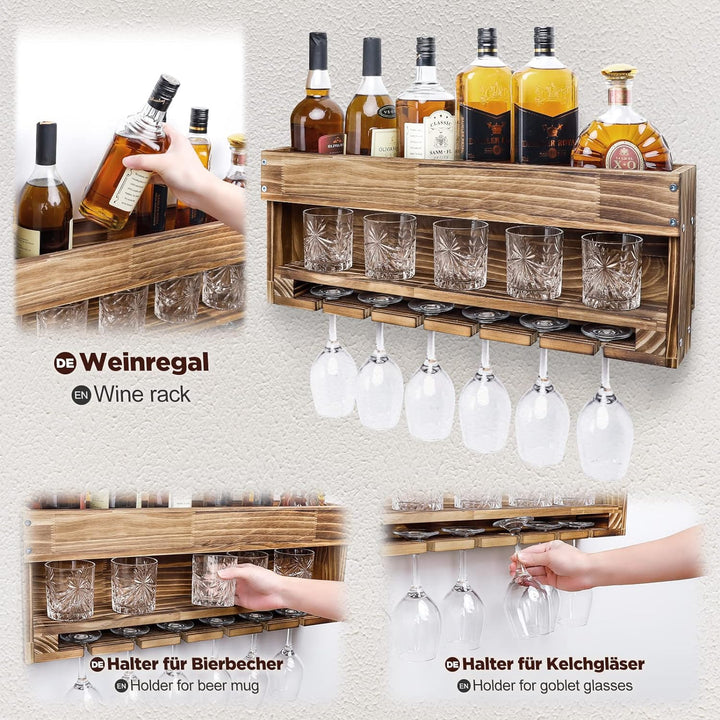 Yorbay Weinregal Palette Beflammt Holz, Wandbar mit Korkhalter, für Weingläser,Whiskygläser,Flaschen