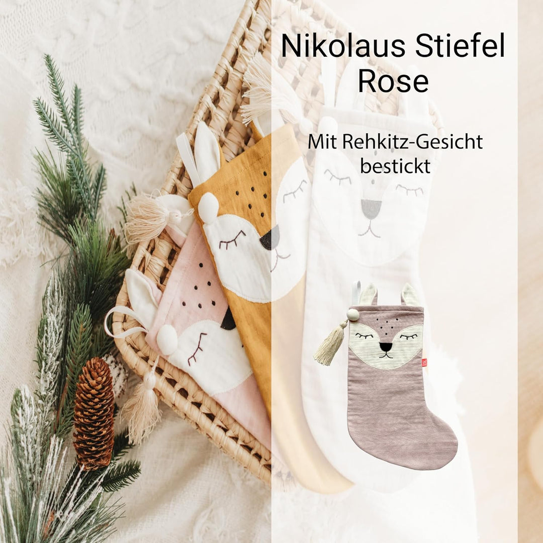 kikadu Nikolausstiefel Rehkitz Rose - Aus 100% GOTS zertifierter Bio-Baumwolle, mit besticktem Rehki