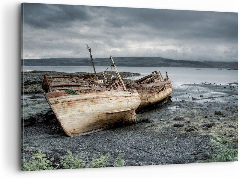 Bilder auf Leinwand 100x70cm Leinwandbild mit Rahmen Boot Wrack Ufer Gross Wanddeko Bild Schlafzimme