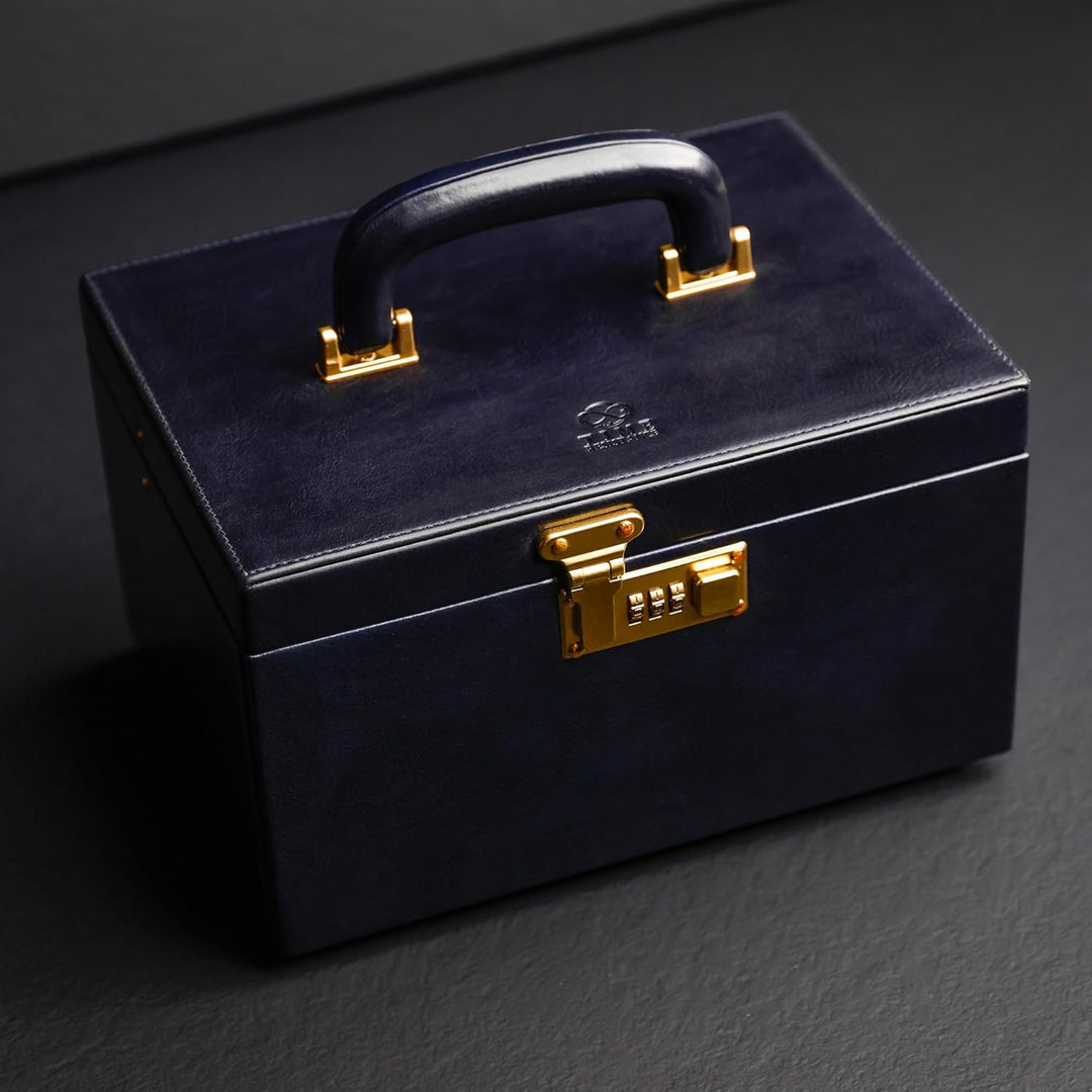 Time Resistance Marineblau Leder-Schmuckkästchen Vollnarbenleder Schmuck Organizer Aufbewahrung von
