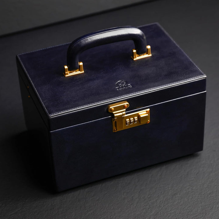 Time Resistance Marineblau Leder-Schmuckkästchen Vollnarbenleder Schmuck Organizer Aufbewahrung von