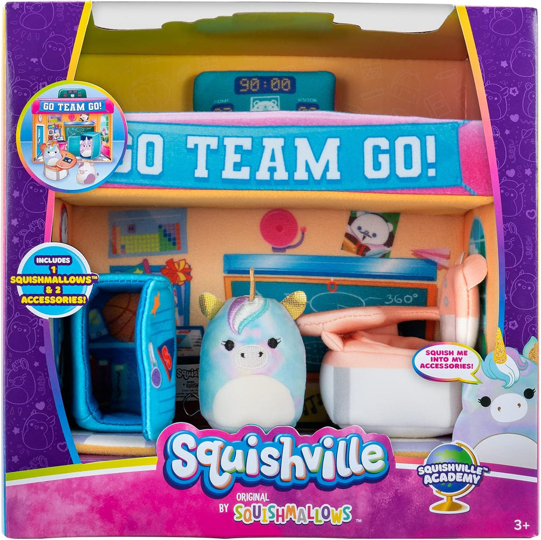 Squishville SQM0325 Schule, superweiches Spielset mit 5cm Mini-Squishmallows Plüschfigur und Zubehör