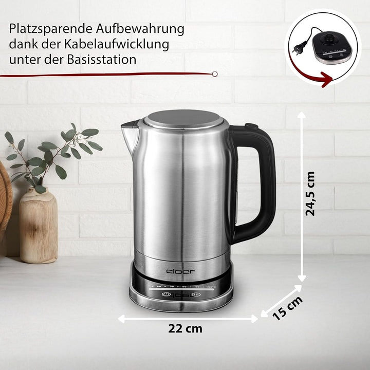 Cloer 4459 Touch-Wasserkocher, Basisstation mit Glasoberfläche-LED-Anzeige, 1,7 Liter, Edelstahl Tou
