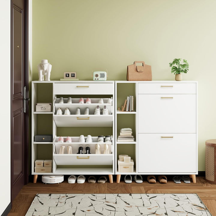 Schuhschrank mit 2 Klappen Schmal Schuhschrank mit 2 Flip-Schuhregal 1 Schublade und 3 Ablagefächer