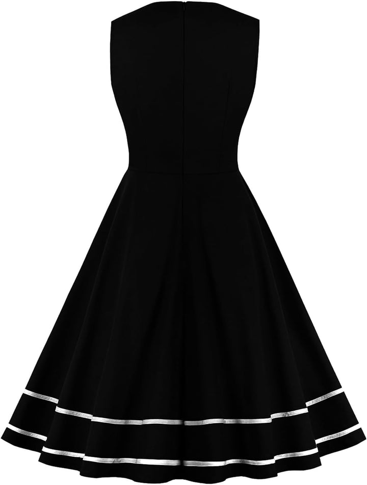 AXOE Damen Vintage Kleid Rockabilly 50er Jahre Ärmellos XL Schwarz/Weiss, XL Schwarz/Weiss