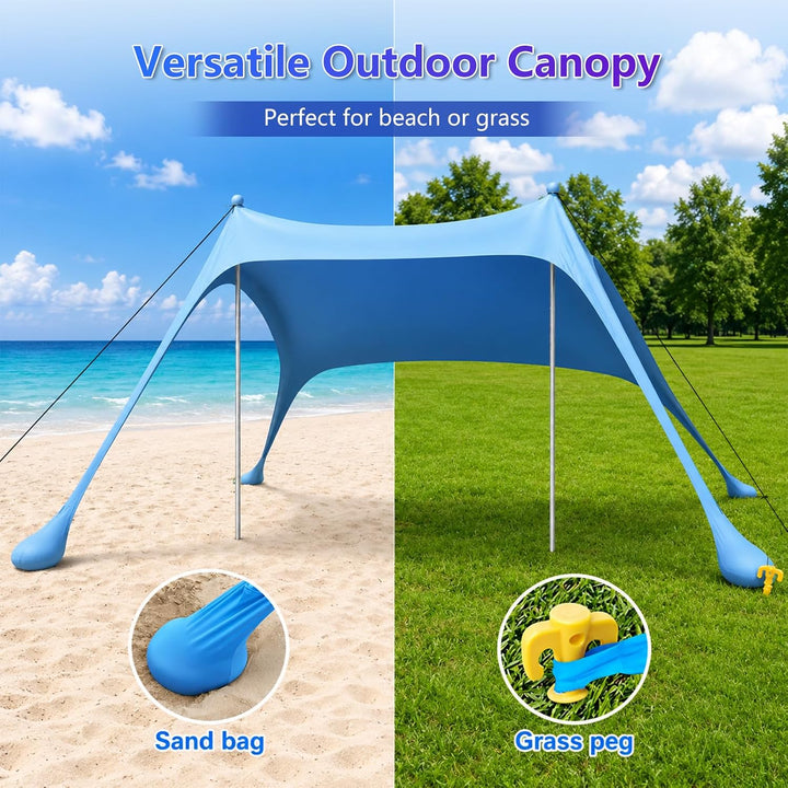 Strandzelt mit Strandmatte, LSF 50+ Hochschutz, 2x2x2m, Himmelblau | inkl. Sandanker, Alu-Stangen &amp;