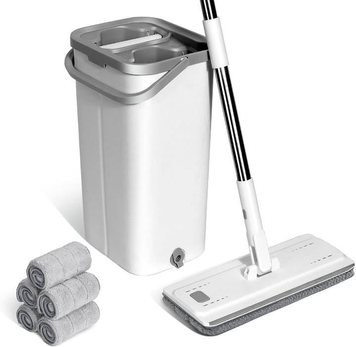 Masthome Wischmopp Set mit Eimer,Bodenwischer Set mit 10 Mikrofaser Pads und Langem Edelstahl Griff,