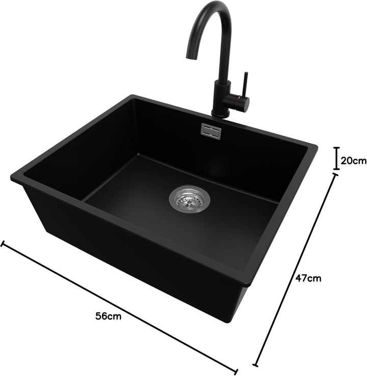 Unterbauspüle Schwarz 56 x 47 cm, Granitspüle + Siphon Klassisch + Küchenarmatur, Spülbecken ab 60er