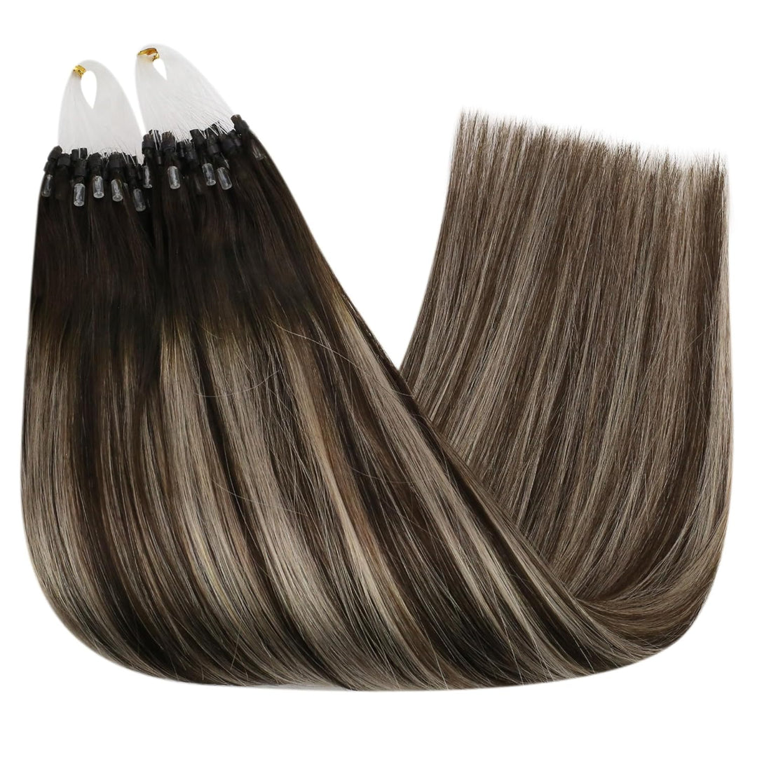 Ugeat 55cm Haarverlängerung Micro Bondings Balayage 4/18/4 Dunkelbraun Ombre Aschblond Microlink Hai
