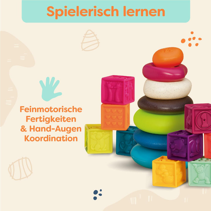 B. toys - One Two Squeeze & Hüpfsteine Set - Baby-Blöcke & Stapel-Ringe - 10 nummerierte Blöcke und