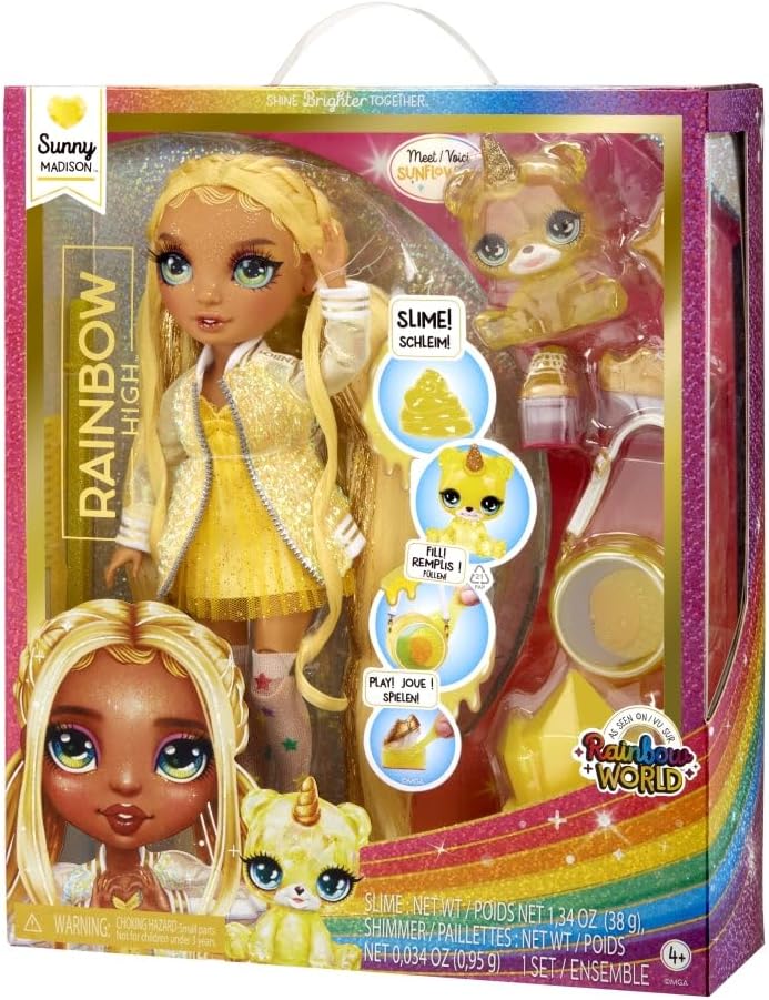 Rainbow High Modepuppe mit Schleim & Haustier - Sunny (Gelb) - 28 cm Schimmernde Puppe mit Glitzersc