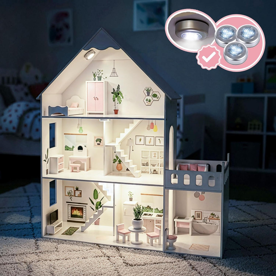 Barbie Puppenhaus Holz gross 118 cm – Kinderplay 3-stöckiges Puppenhaus für Kinder mit Möbeln, LED L