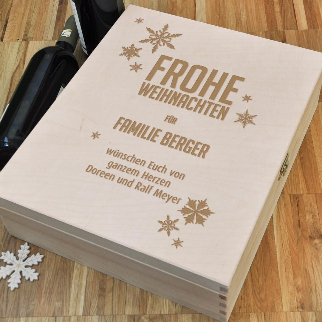 Herz &amp; Heim® Flaschenverpackung zu Weihnachten für 3 Weinflaschen mit Gravur des Namens und Wunschte