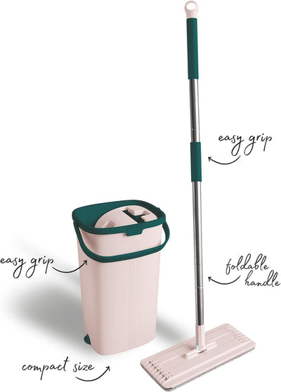 Bodenwischer Mop Set - Handy | Flach, Schwenkbar mit Zwei Kammer Putzeimer | Wischmopp mit Auswringf