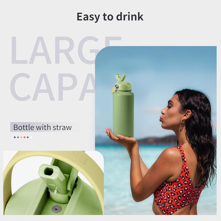 Blackube Edelstahl Trinkflasche mit Strohhalm-trinkflasche 1l-Thermosflasche Thermoskanne - BPA-Frei