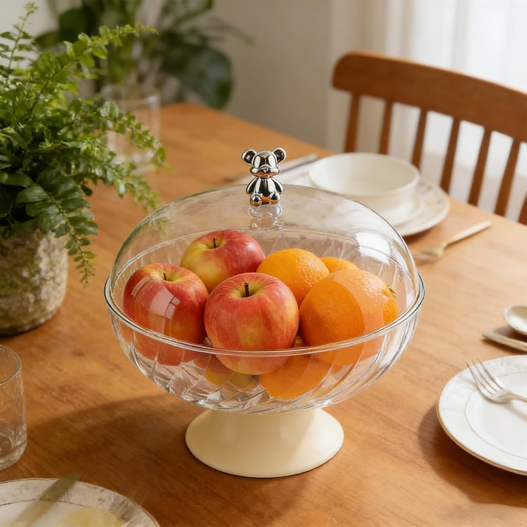Obstschale mit Deckel und Abtropfeinsatz Transparent – Kunststoff Fruchtschale mit Fuss für Tischdek